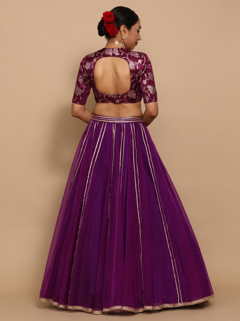 Ridhi x Tyohaar | Elbow Sleeves Satin Viscose Saree Blouse in Violet Meenakari Fabric-Binks