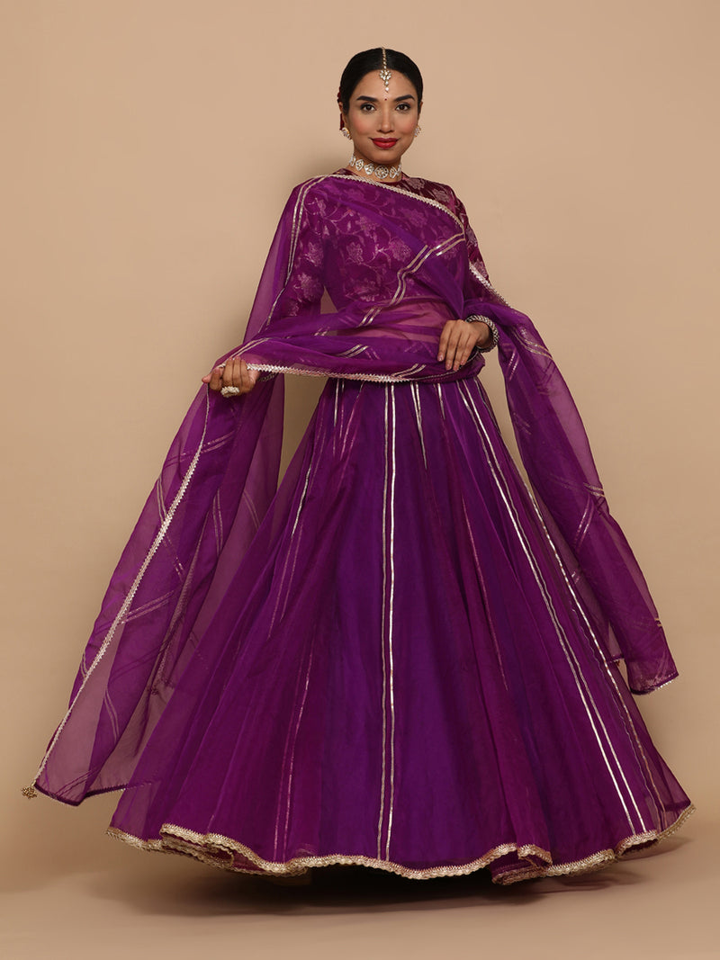 Ridhi x Tyohaar | Elbow Sleeves Satin Viscose Saree Blouse in Violet Meenakari Fabric-Binks