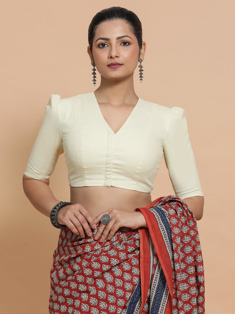 Rima x Rozaana | Puff Sleeves Saree Blouse in Chalk White Linen-Binks