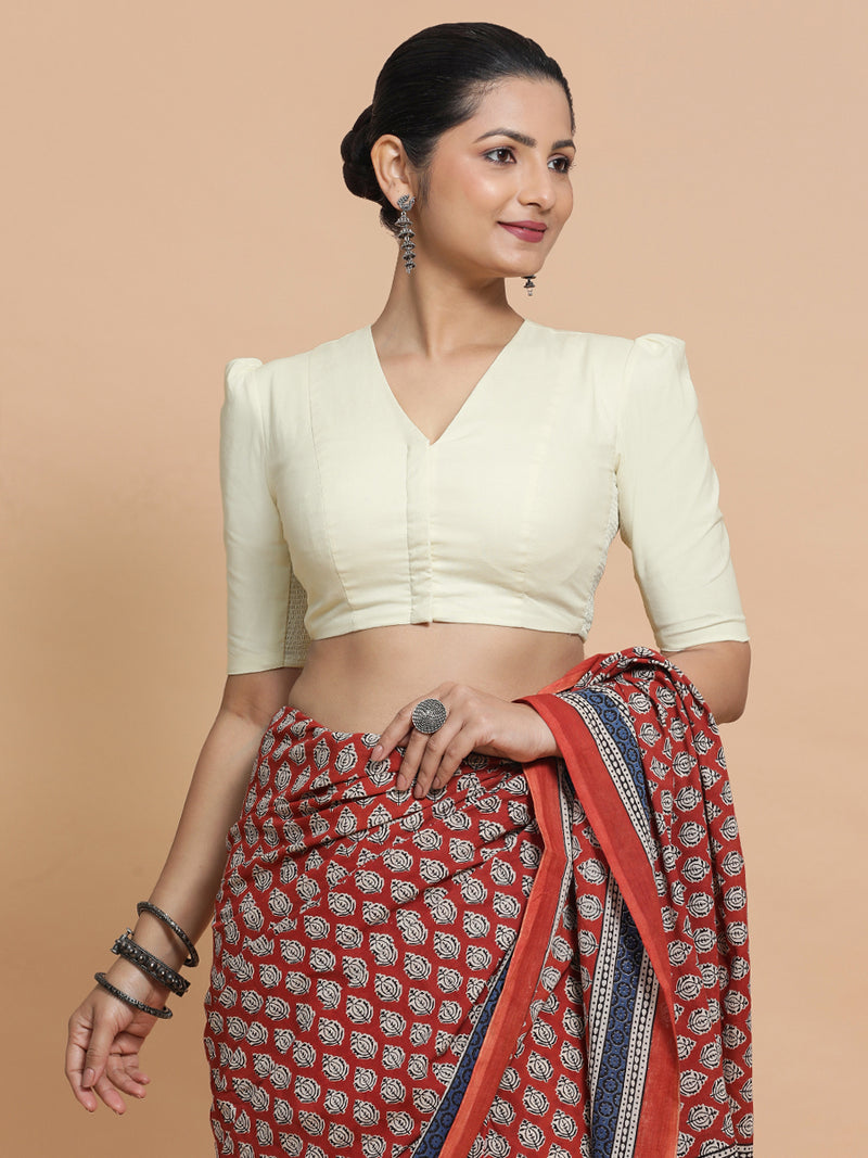 Rima x Rozaana | Puff Sleeves Saree Blouse in Chalk White Linen-Binks