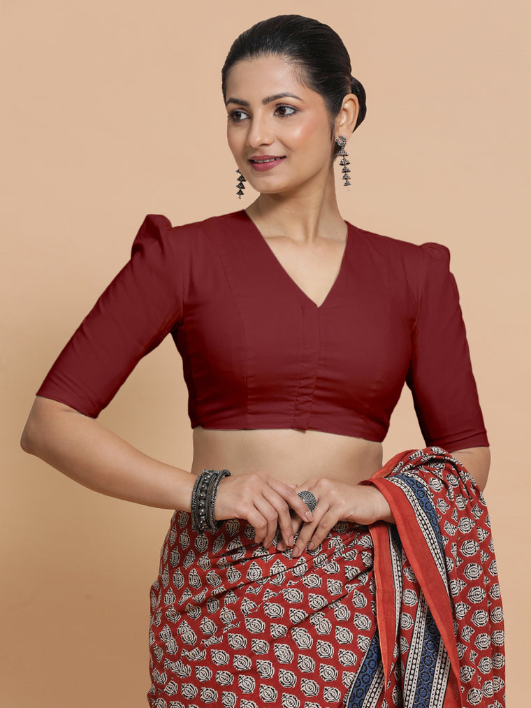Rima x Rozaana Saree Blouse, in Red Linen, featuring elbow sleeves and v-neckline, made for daily & work.