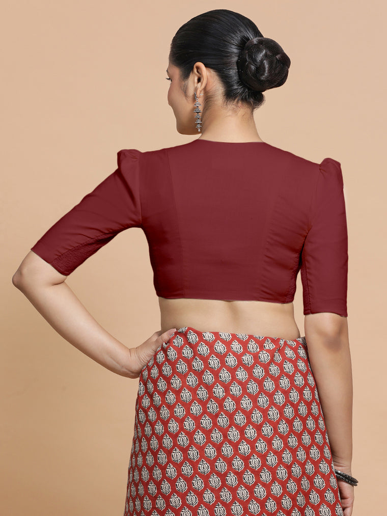 Rima x Rozaana Saree Blouse, in Red Linen, featuring elbow sleeves and v-neckline, made for daily & work (view 2).