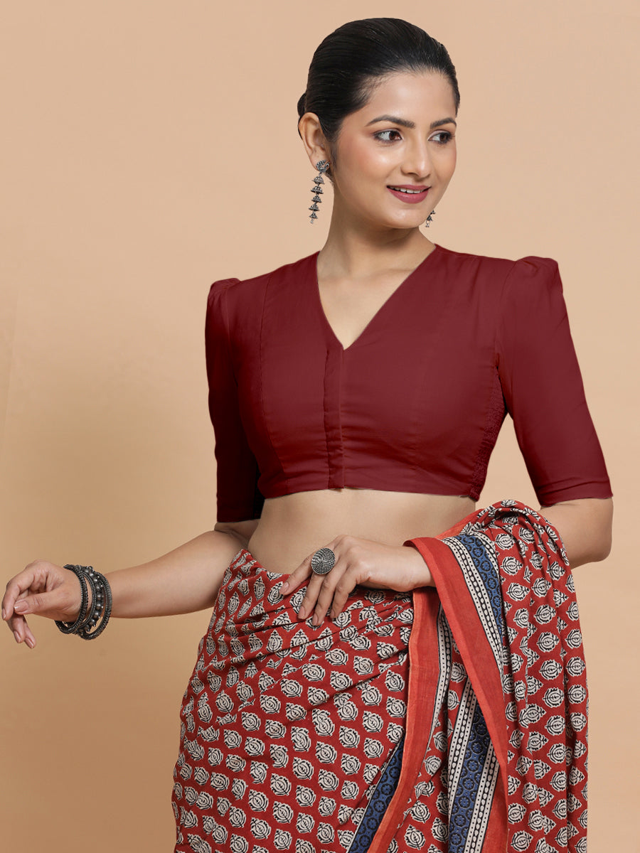 Rima x Rozaana Saree Blouse, in Red Linen, featuring elbow sleeves and v-neckline, made for daily & work (view 6).