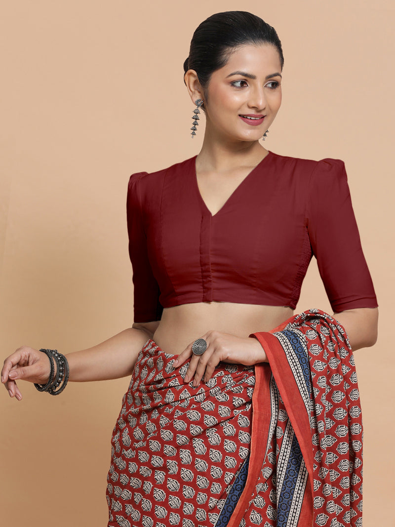 Rima x Rozaana | Puff Sleeves Saree Blouse in Cranberry Red Linen-Binks