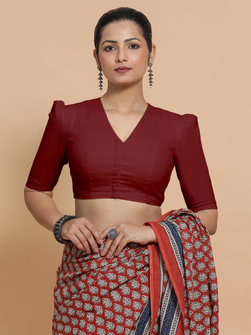 Rima x Rozaana | Puff Sleeves Saree Blouse in Cranberry Red Linen-Binks