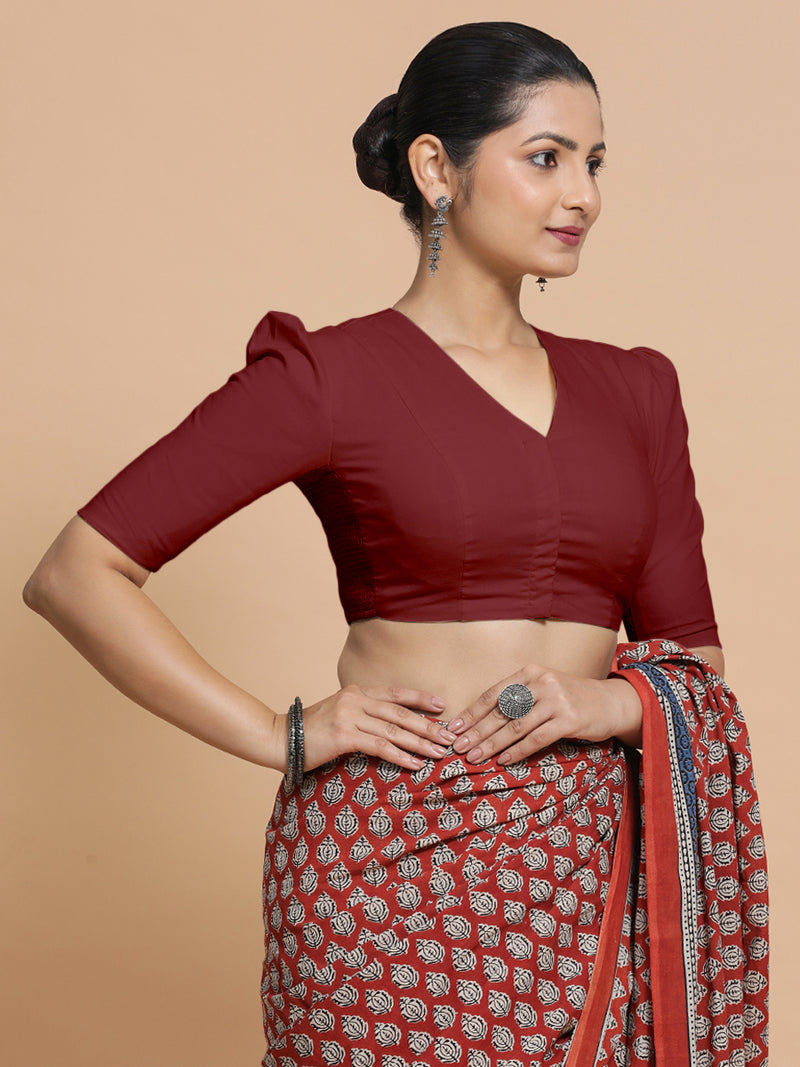 Rima x Rozaana | Puff Sleeves Saree Blouse in Cranberry Red Linen-Binks