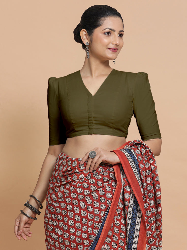 Rima x Rozaana Saree Blouse, in Green Linen, featuring elbow sleeves and v-neckline, made for daily & work.