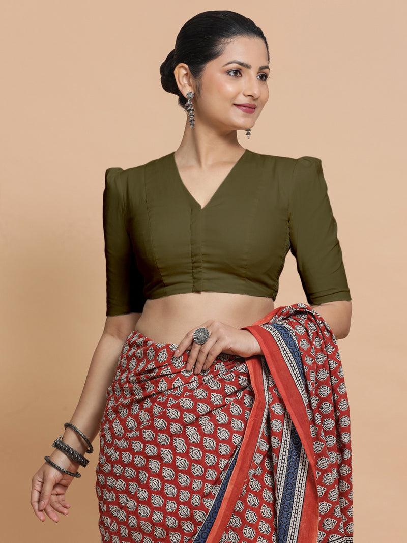 Rima x Rozaana | Puff Sleeves Saree Blouse in Deep Olive Green Linen-Binks