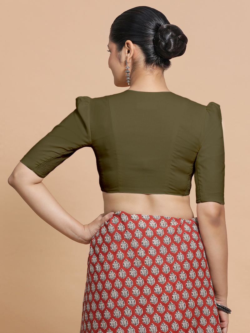 Rima x Rozaana | Puff Sleeves Saree Blouse in Deep Olive Green Linen-Binks
