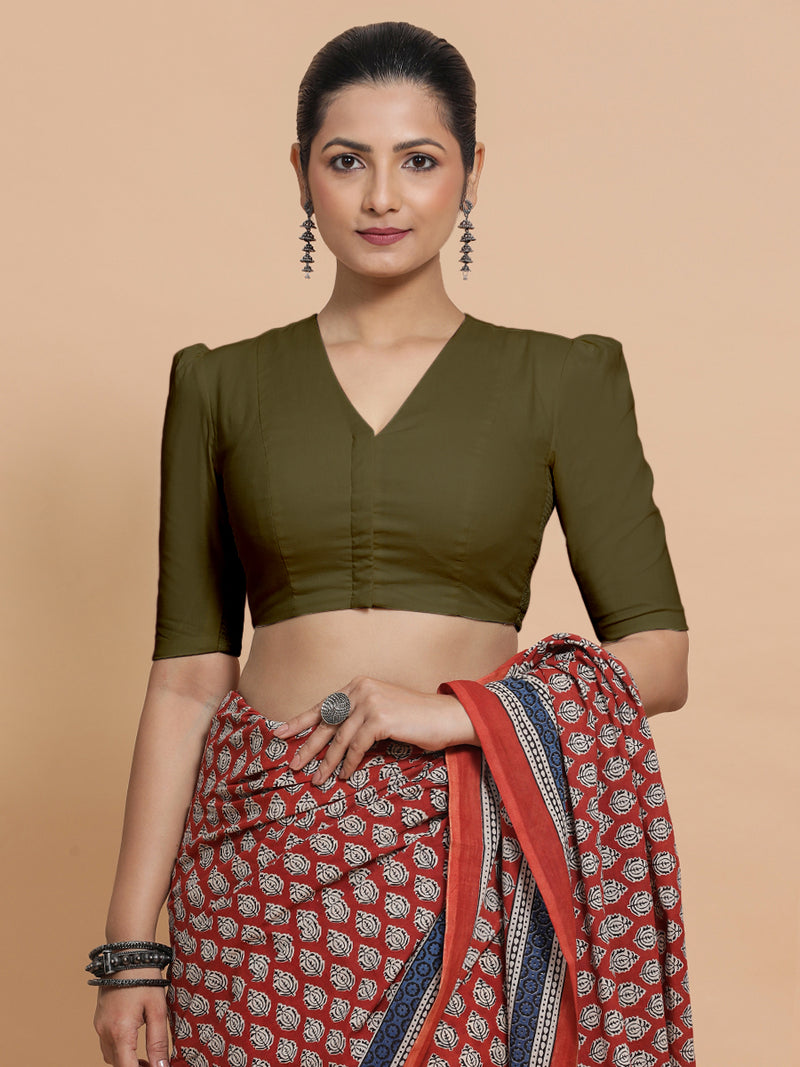 Rima x Rozaana | Puff Sleeves Saree Blouse in Deep Olive Green Linen-Binks