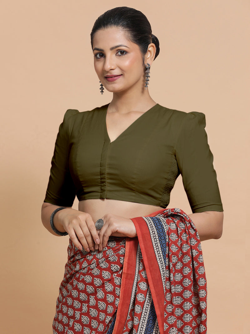 Rima x Rozaana | Puff Sleeves Saree Blouse in Deep Olive Green Linen-Binks