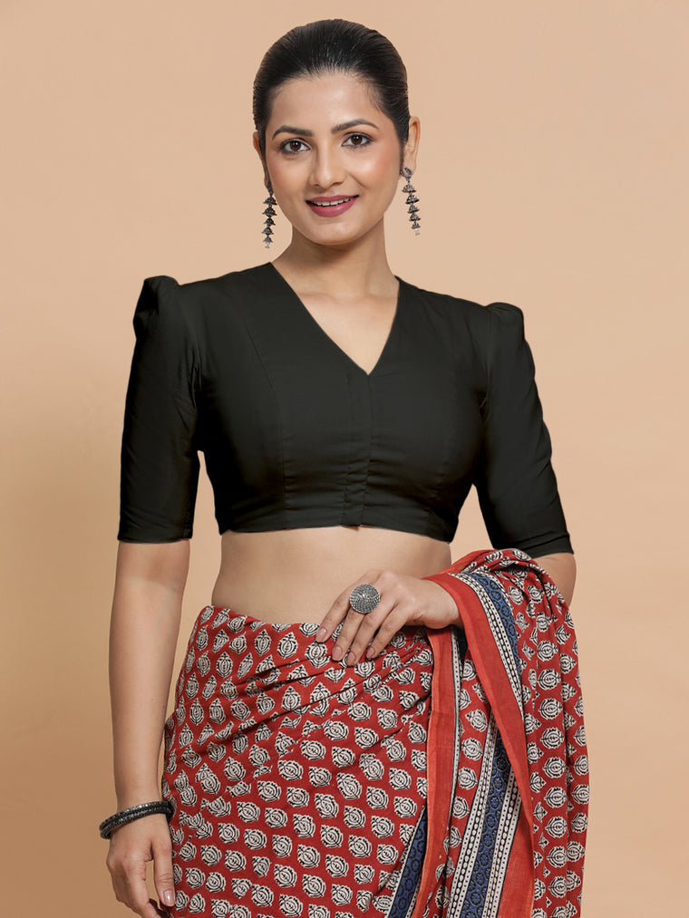 Rima x Rozaana Saree Blouse, in Black Linen, featuring elbow sleeves and v-neckline, made for daily & work.