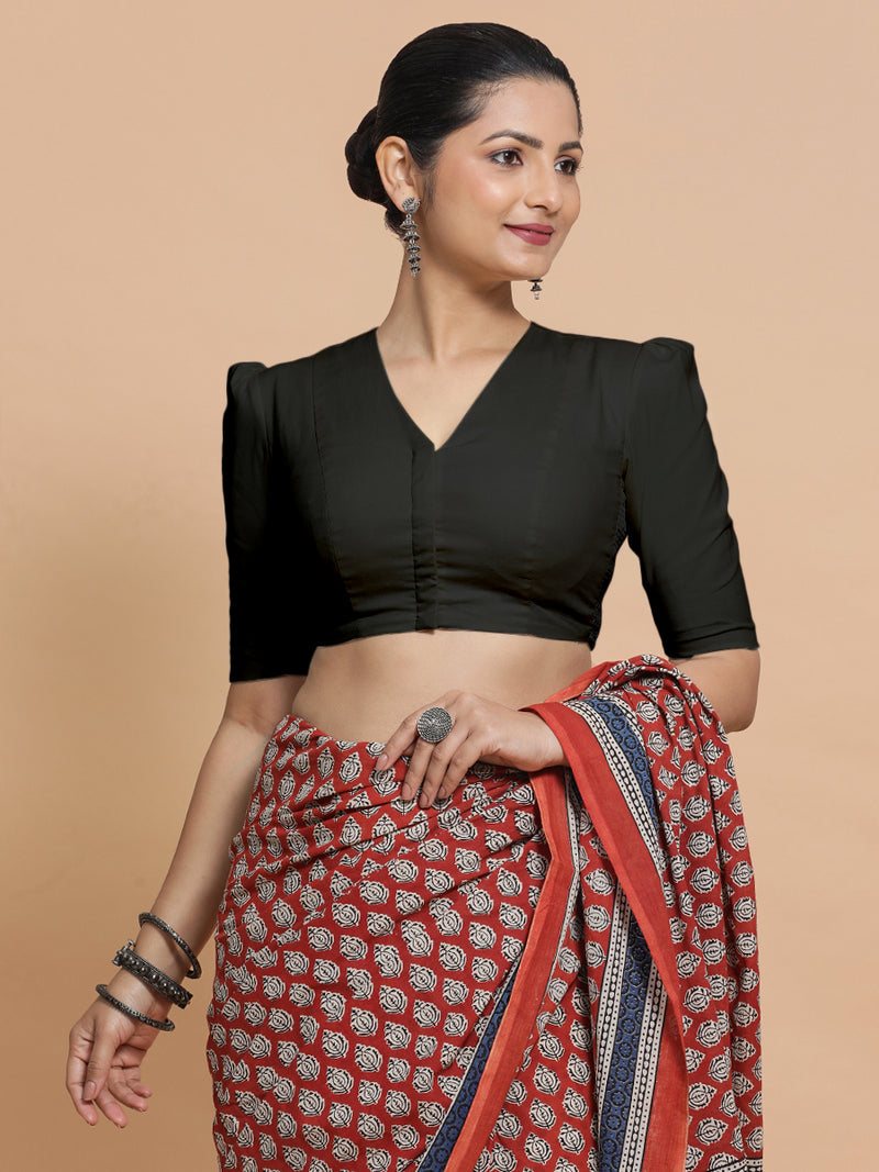 Rima x Rozaana | Puff Sleeves Saree Blouse in Ebony Black Linen-Binks