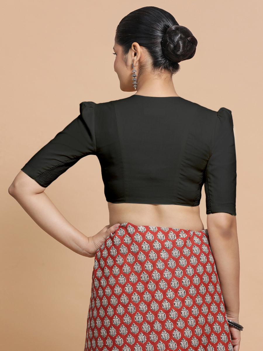 Rima x Rozaana Saree Blouse, in Black Linen, featuring elbow sleeves and v-neckline, made for daily & work (view 2).