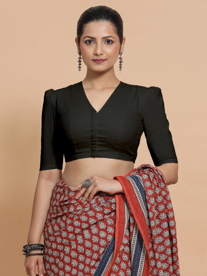 Rima x Rozaana | Puff Sleeves Saree Blouse in Ebony Black Linen-Binks