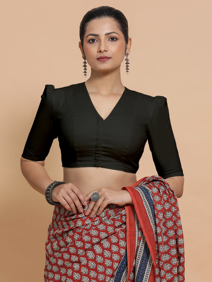 Rima x Rozaana Saree Blouse, in Black Linen, featuring elbow sleeves and v-neckline, made for daily & work (view 7).