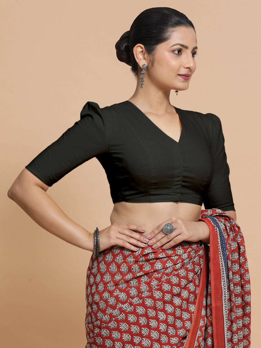 Rima x Rozaana Saree Blouse, in Black Linen, featuring elbow sleeves and v-neckline, made for daily & work (view 8).