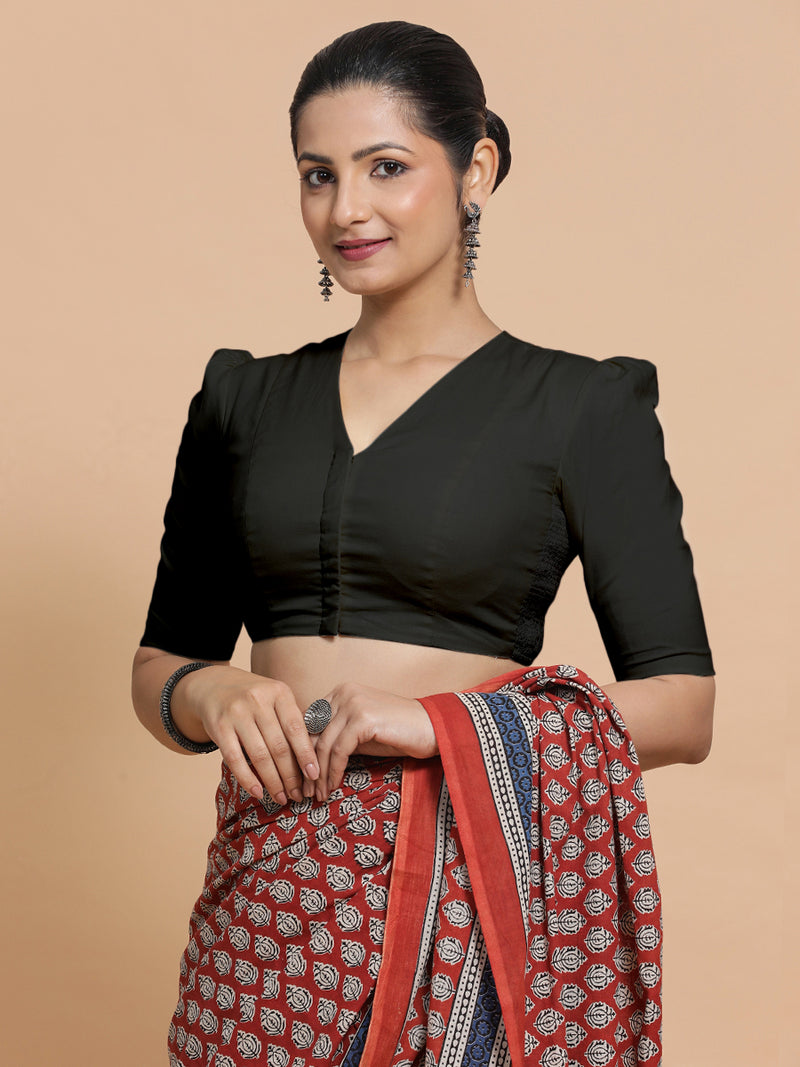 Rima x Rozaana | Puff Sleeves Saree Blouse in Ebony Black Linen-Binks
