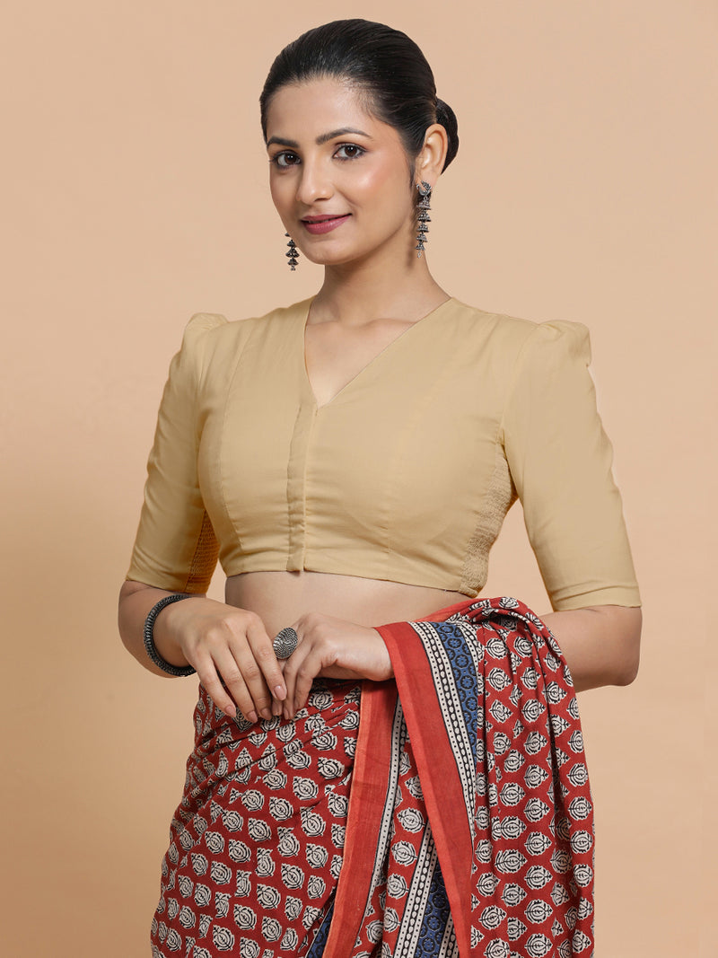 Rima x Rozaana | Puff Sleeves Saree Blouse in Ecru Beige Linen-Binks