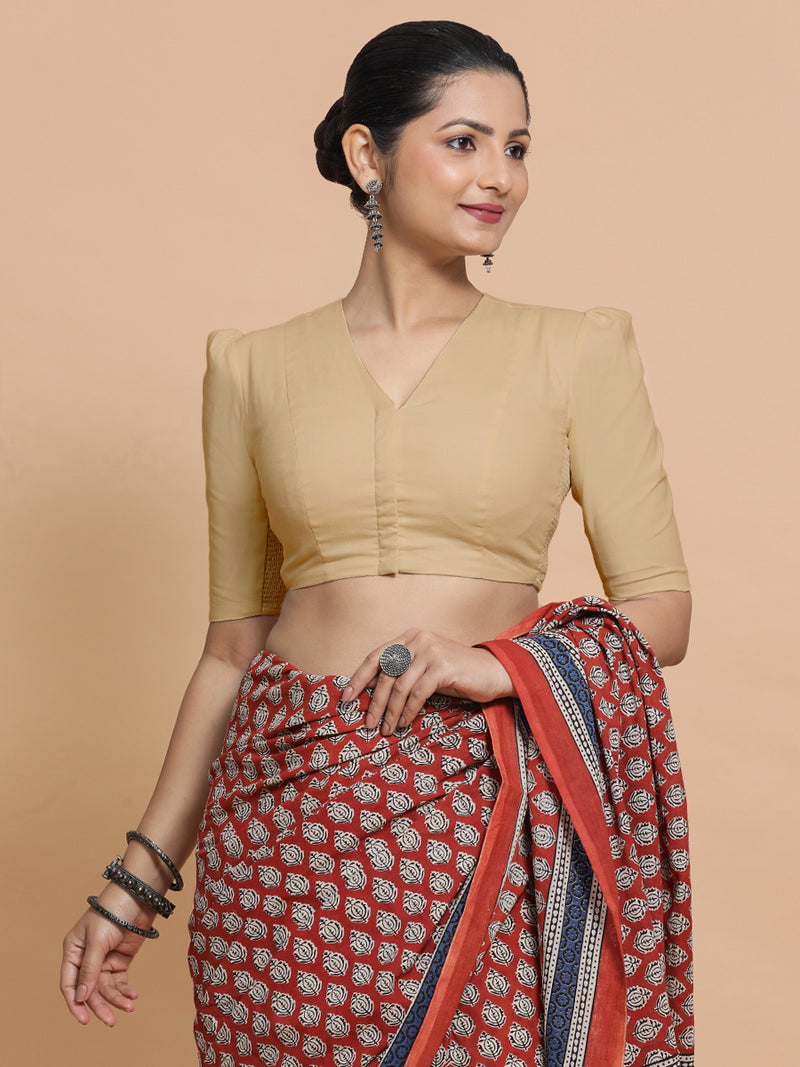Rima x Rozaana | Puff Sleeves Saree Blouse in Ecru Beige Linen-Binks