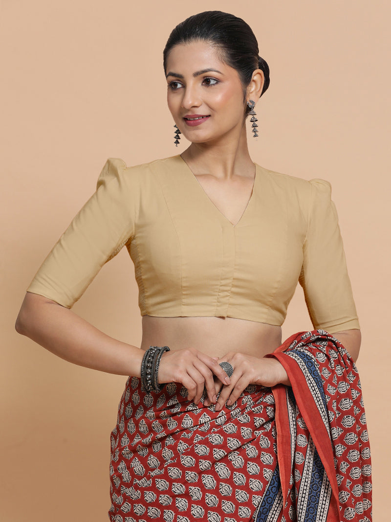 Rima x Rozaana | Puff Sleeves Saree Blouse in Ecru Beige Linen-Binks