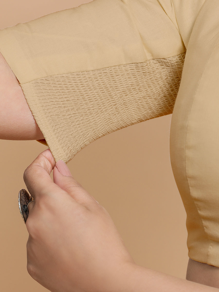 Rima x Rozaana Saree Blouse, in Beige Linen, featuring elbow sleeves and v-neckline, made for daily & work (view 4).