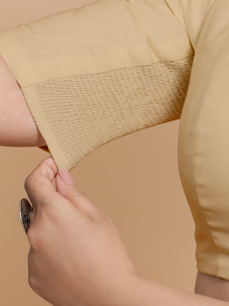 Rima x Rozaana | Puff Sleeves Saree Blouse in Ecru Beige Linen-Binks