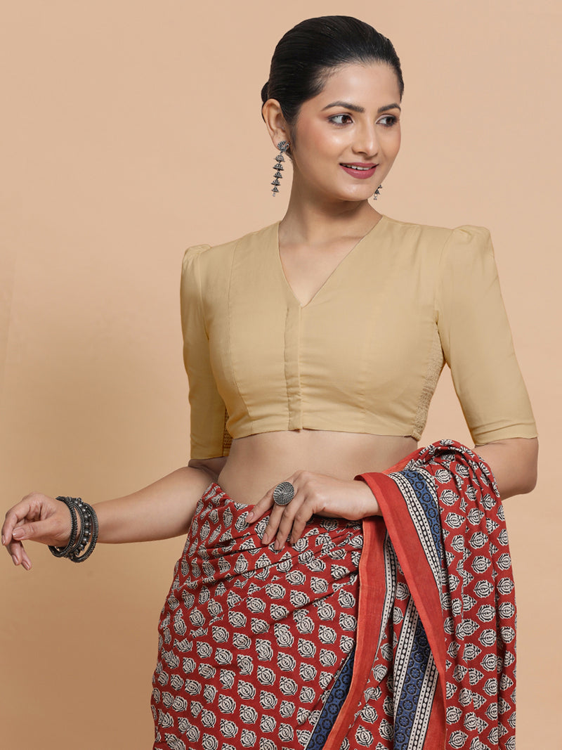 Rima x Rozaana | Puff Sleeves Saree Blouse in Ecru Beige Linen-Binks
