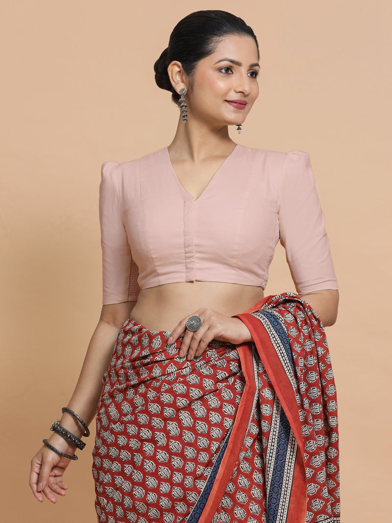 Rima x Rozaana | Puff Sleeves Saree Blouse in Misty Pink Linen-Binks