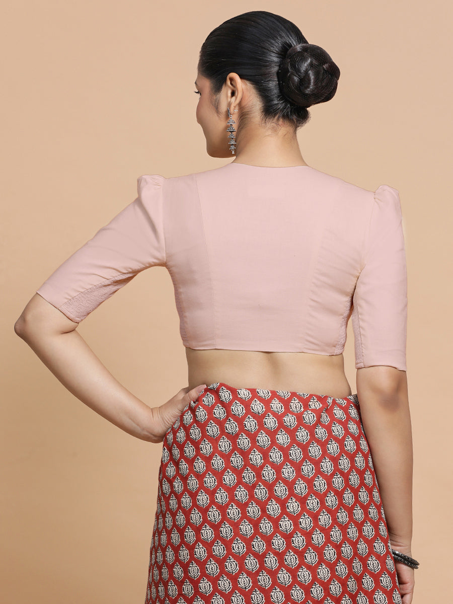 Rima x Rozaana Saree Blouse, in Pink Linen, featuring elbow sleeves and v-neckline, made for daily & work (view 2).