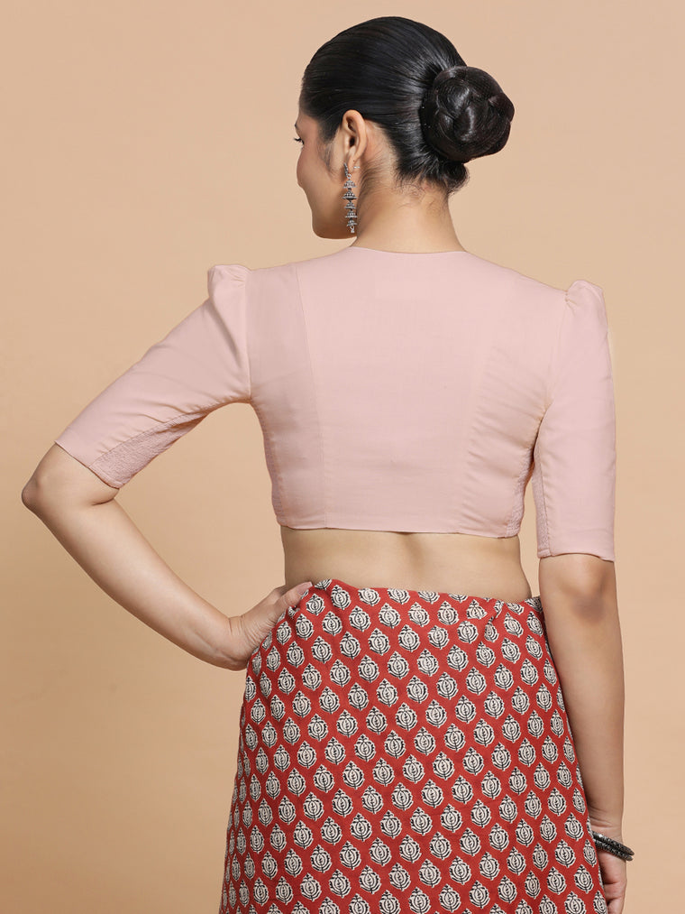 Rima x Rozaana Saree Blouse, in Pink Linen, featuring elbow sleeves and v-neckline, made for daily & work (view 2).