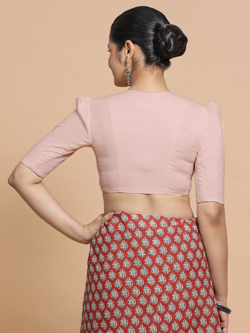Rima x Rozaana | Puff Sleeves Saree Blouse in Misty Pink Linen-Binks