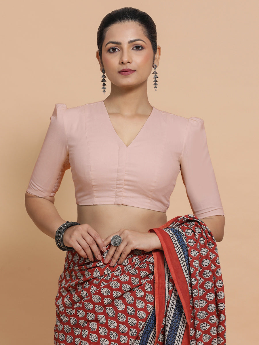 Rima x Rozaana Saree Blouse, in Pink Linen, featuring elbow sleeves and v-neckline, made for daily & work (view 7).