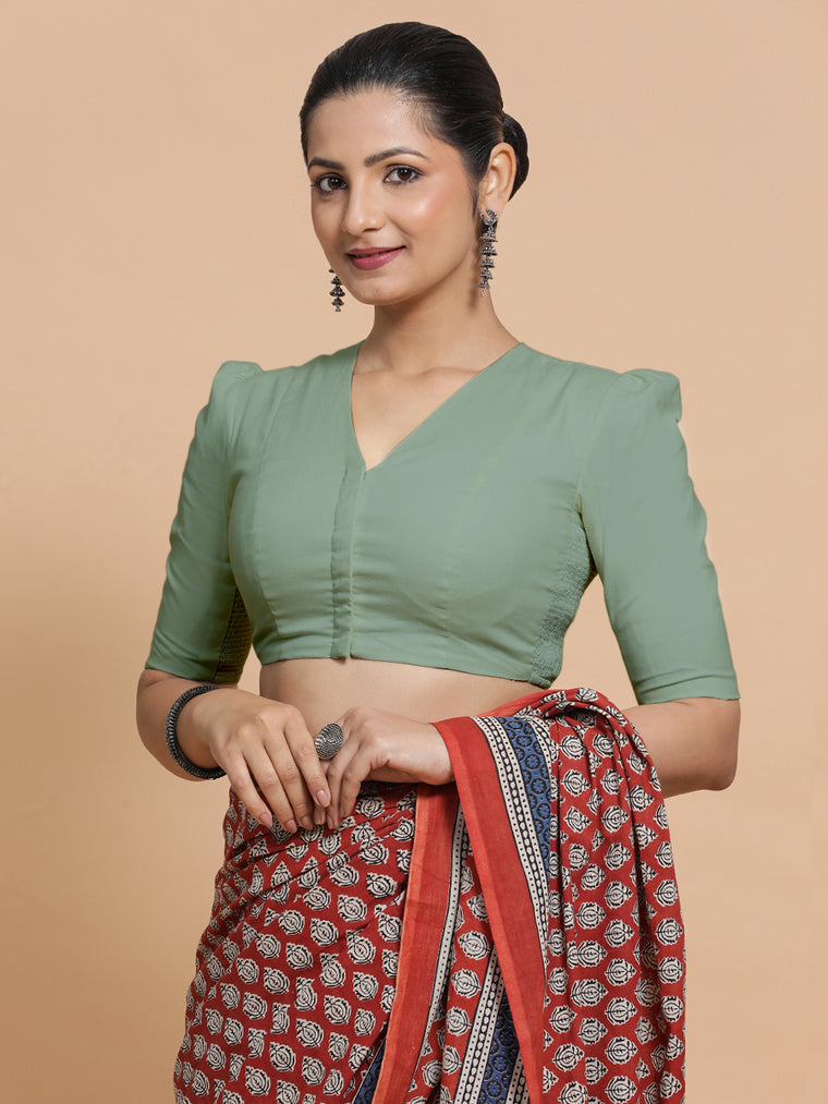 Rima x Rozaana Saree Blouse, in Green Linen, featuring elbow sleeves and v-neckline, made for daily & work.