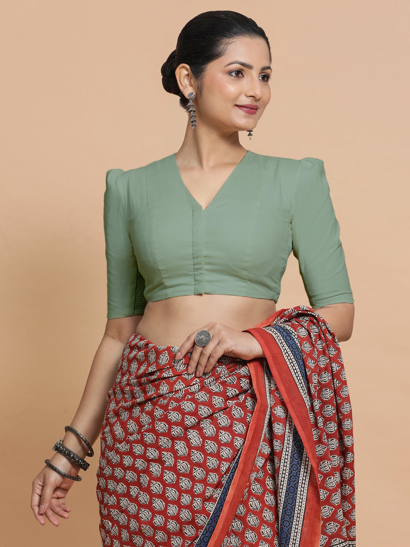 Rima x Rozaana | Puff Sleeves Saree Blouse in Peppermint Green Linen-Binks