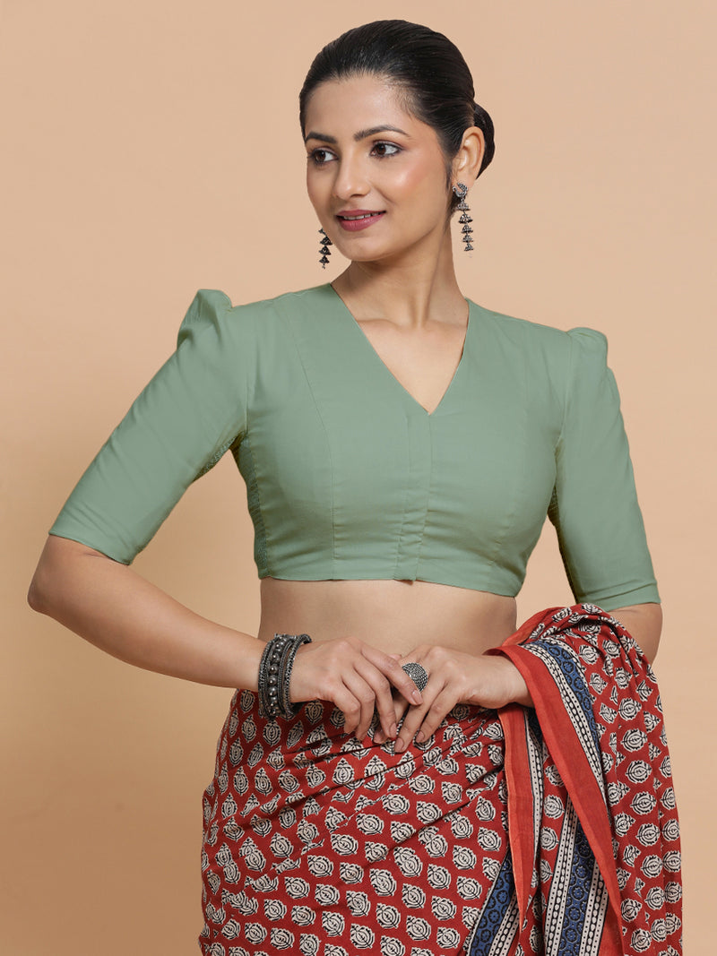 Rima x Rozaana | Puff Sleeves Saree Blouse in Peppermint Green Linen-Binks