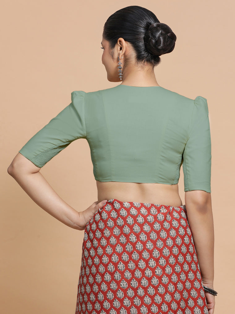 Rima x Rozaana Saree Blouse, in Green Linen, featuring elbow sleeves and v-neckline, made for daily & work (view 2).