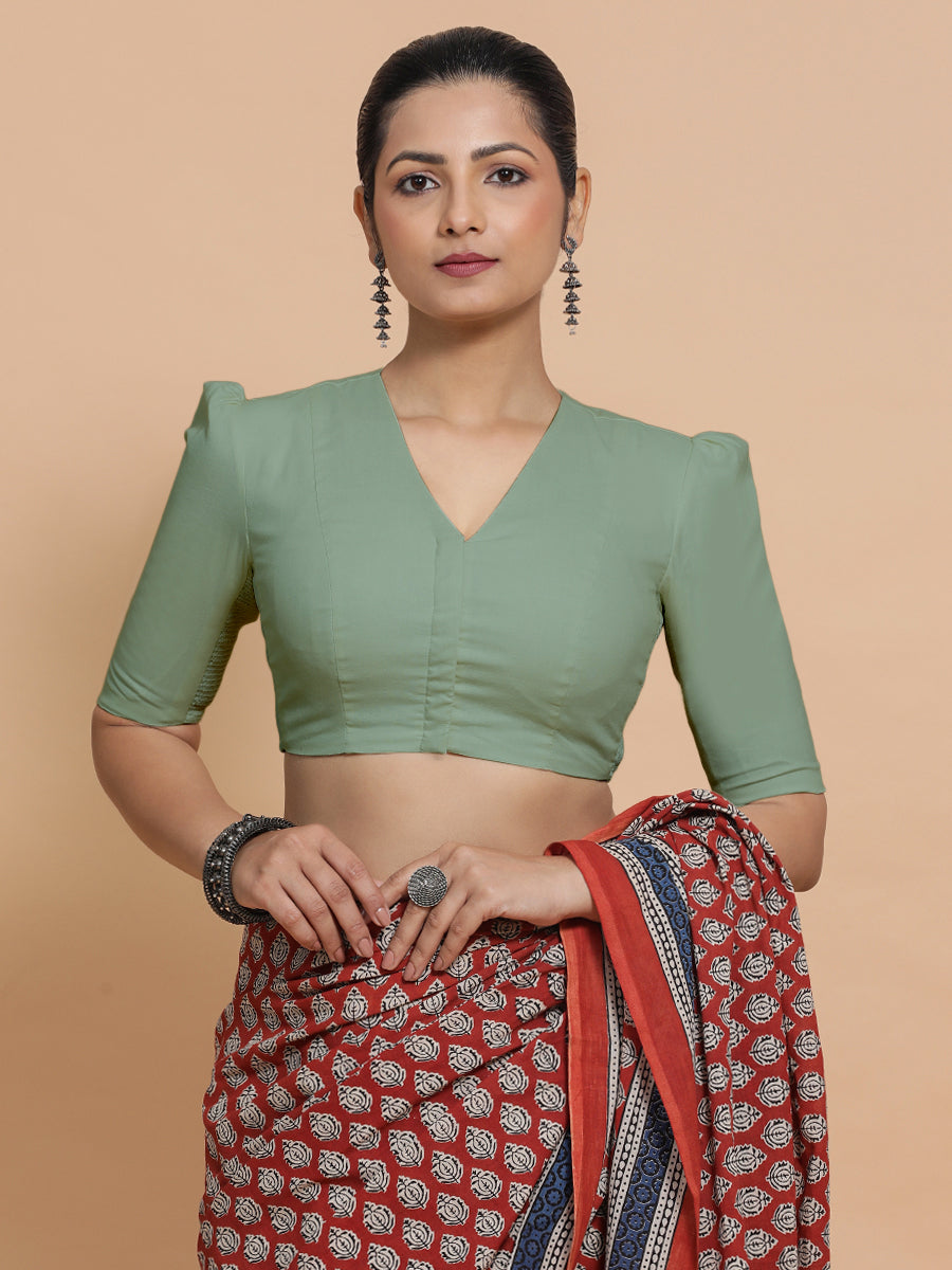 Rima x Rozaana Saree Blouse, in Green Linen, featuring elbow sleeves and v-neckline, made for daily & work (view 6).