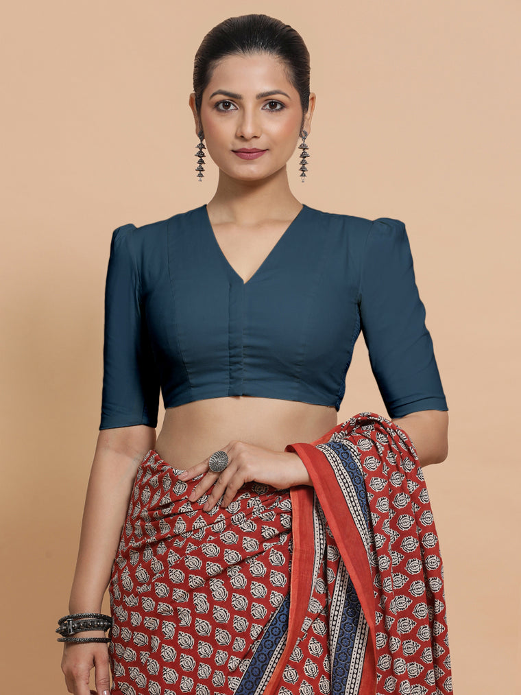 Rima x Rozaana Saree Blouse, in Blue Linen, featuring elbow sleeves and v-neckline, made for daily & work.