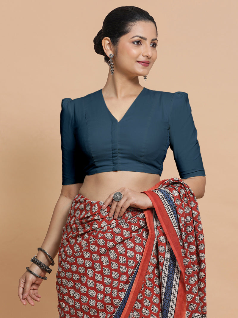 Rima x Rozaana | Puff Sleeves Saree Blouse in Regal Blue Linen-Binks