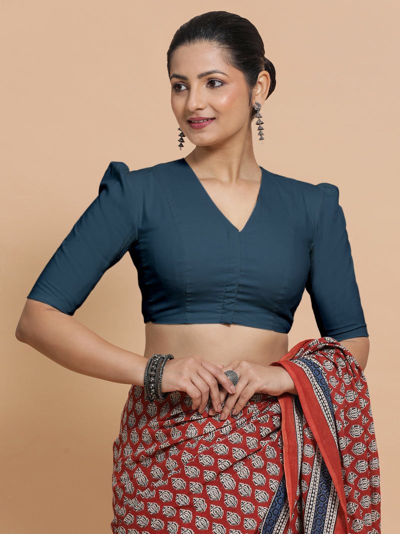 Rima x Rozaana | Puff Sleeves Saree Blouse in Regal Blue Linen-Binks