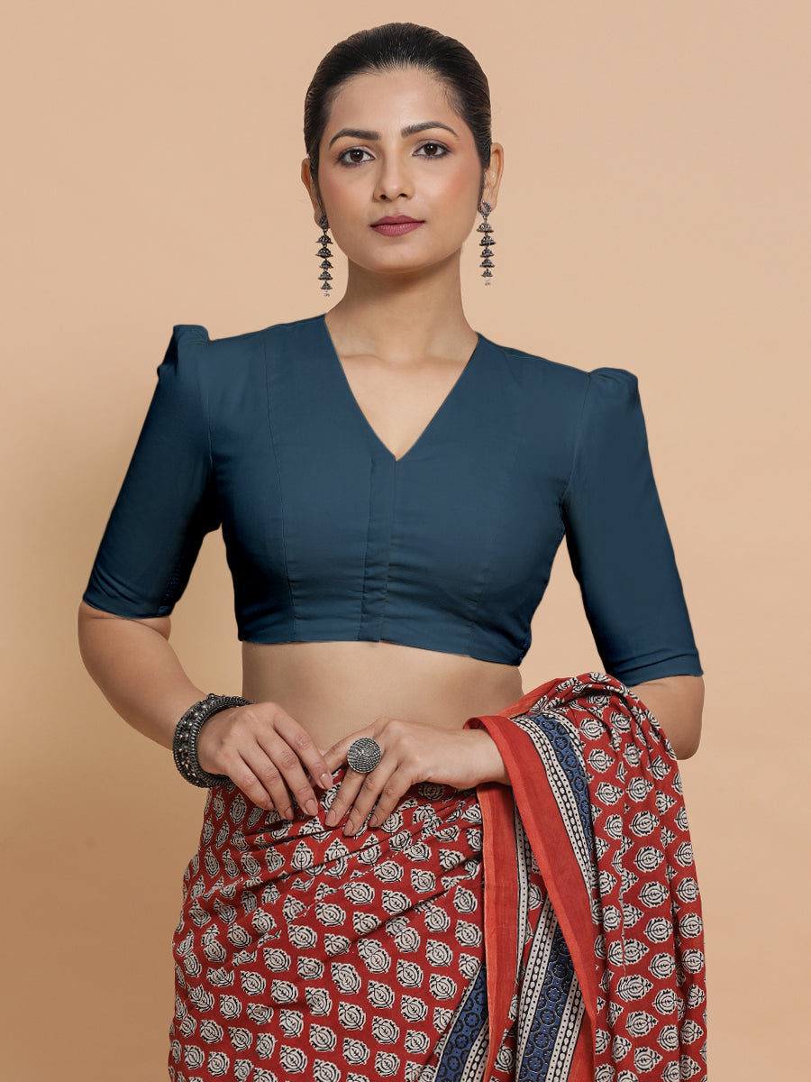 Rima x Rozaana Saree Blouse, in Blue Linen, featuring elbow sleeves and v-neckline, made for daily & work (view 5).