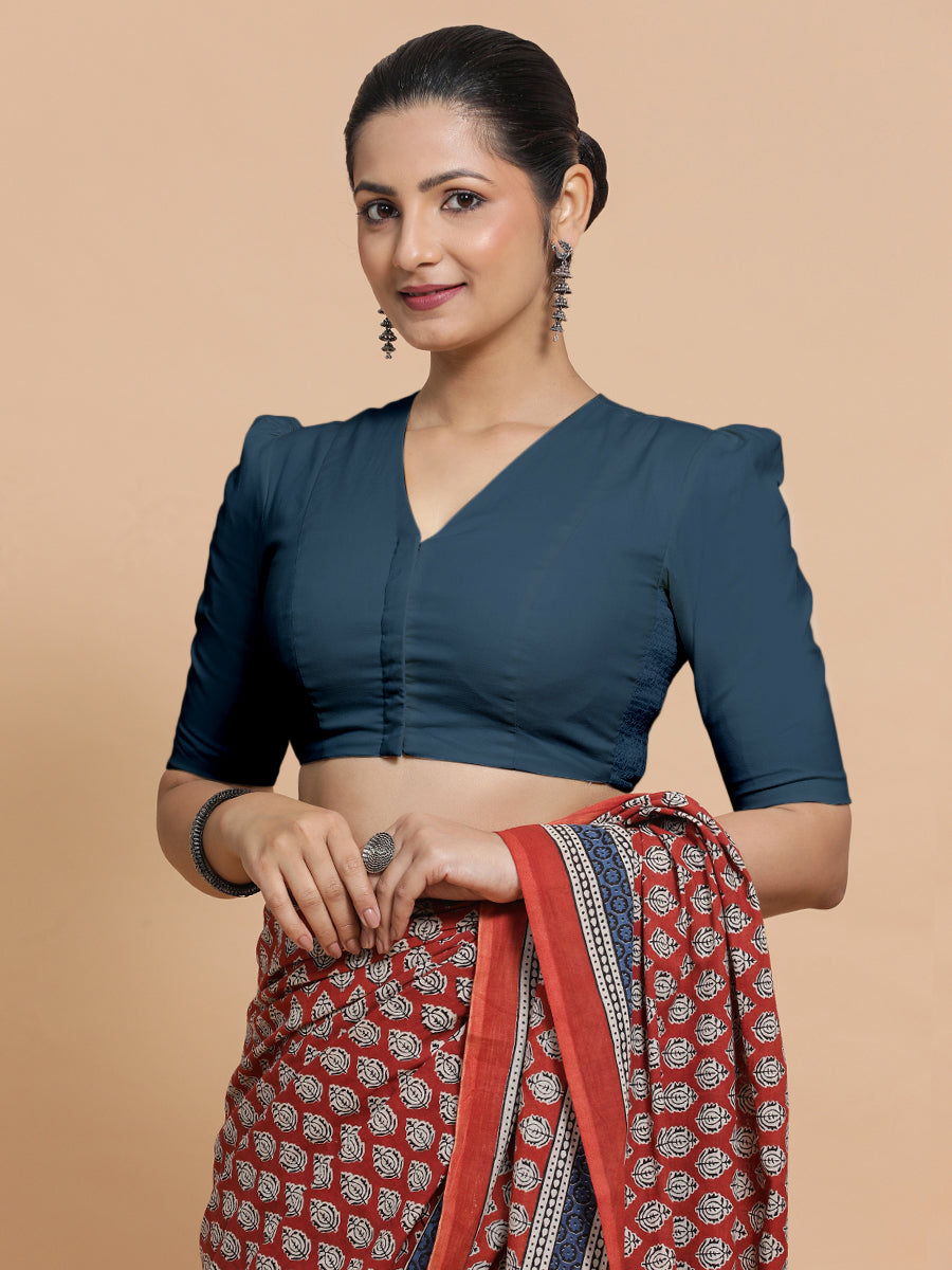 Rima x Rozaana Saree Blouse, in Blue Linen, featuring elbow sleeves and v-neckline, made for daily & work (view 8).