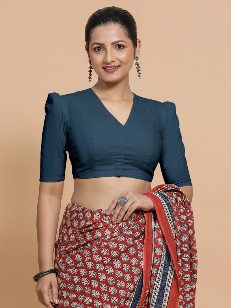 Rima x Rozaana | Puff Sleeves Saree Blouse in Regal Blue Linen-Binks