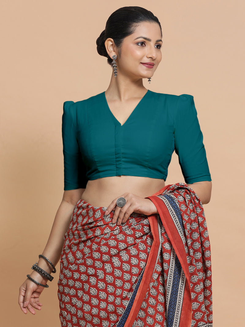 Rima x Rozaana | Puff Sleeves Saree Blouse in Teal Blue Linen-Binks