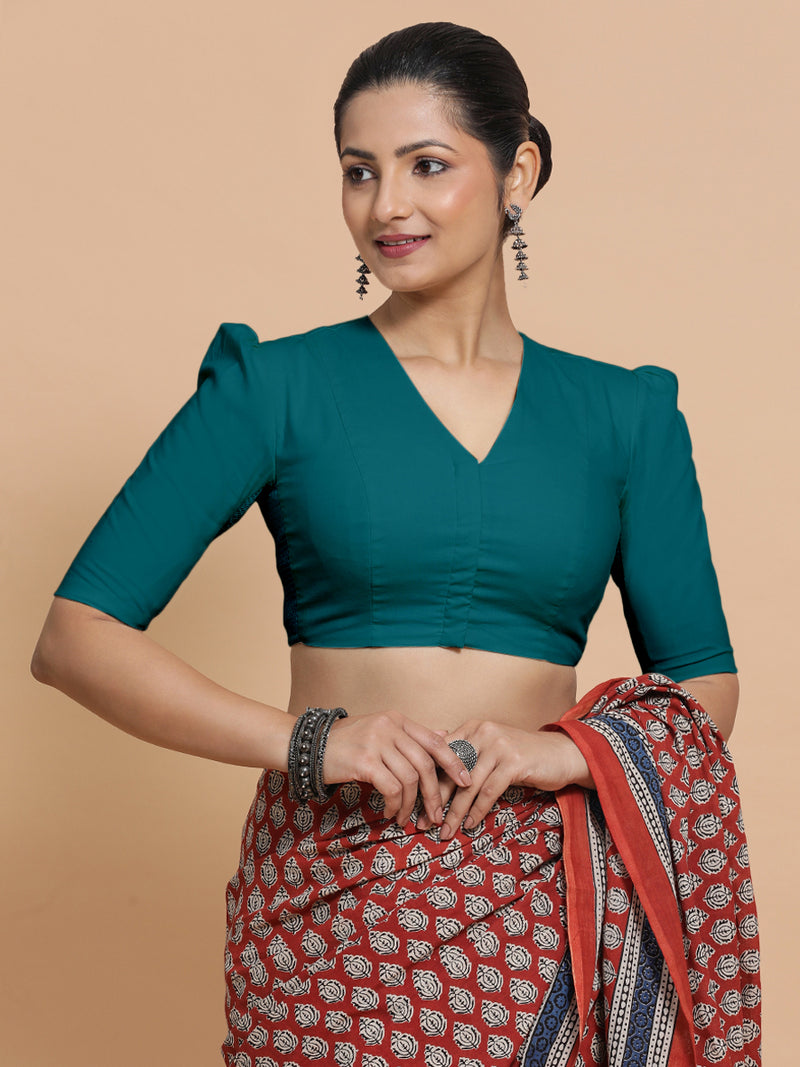 Rima x Rozaana | Puff Sleeves Saree Blouse in Teal Blue Linen-Binks