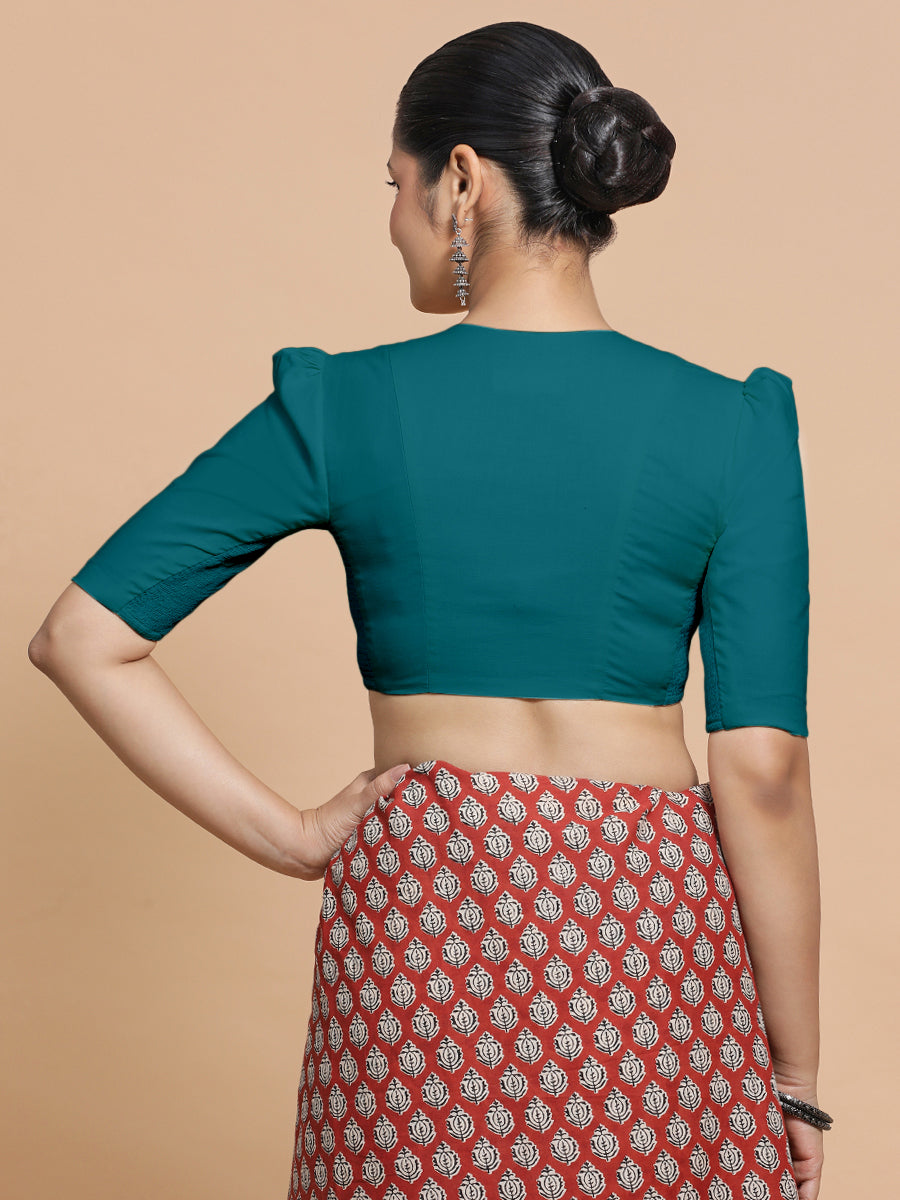 Rima x Rozaana Saree Blouse, in Blue Linen, featuring elbow sleeves and v-neckline, made for daily & work (view 2).