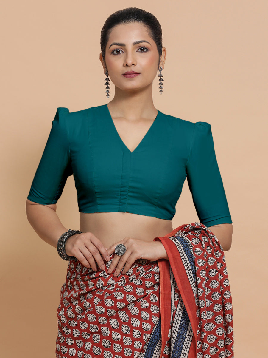 Rima x Rozaana Saree Blouse, in Blue Linen, featuring elbow sleeves and v-neckline, made for daily & work (view 6).