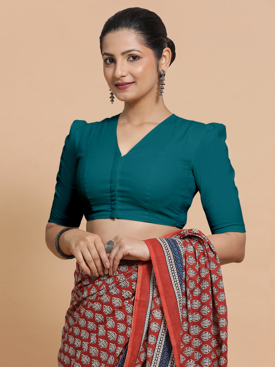 Rima x Rozaana Saree Blouse, in Blue Linen, featuring elbow sleeves and v-neckline, made for daily & work (view 8).