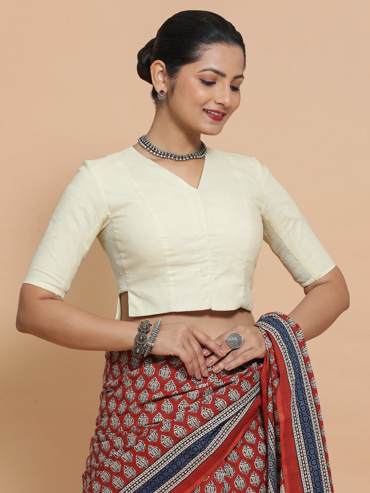 Rini x Rozaana Saree Blouse, in White Linen, featuring elbow sleeves and v-neckline, made for daily & work.